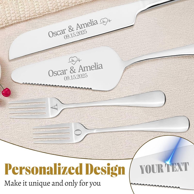 HJX Personalized 4 Piece Cake Cutting Set for Wedding - Custom Cake Knife and Server Set with Forks, Cake Cutter Set Ideal for Wedding Anniversary Bridal Gifts (Silver) - Image 4